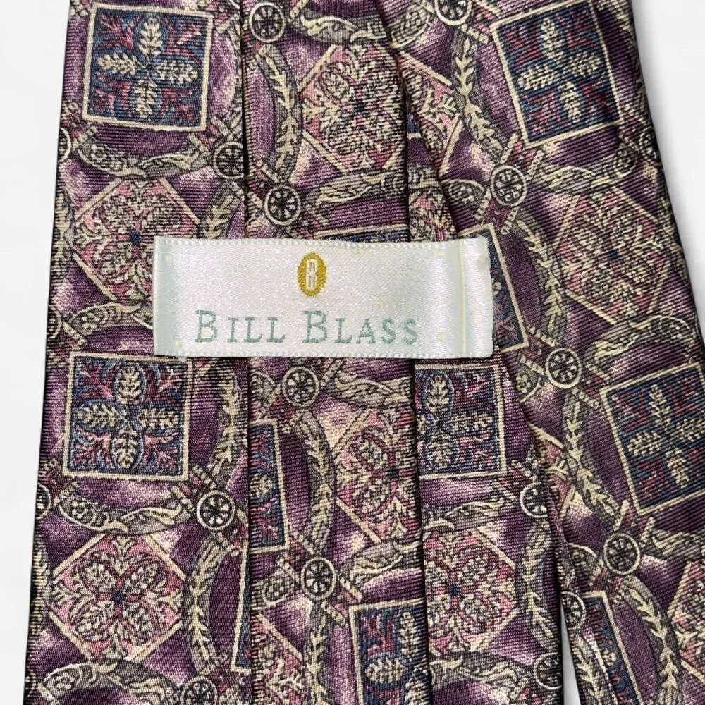Vintage 90s Bill Blass Purple and Tan Geometric Print Neck Tie